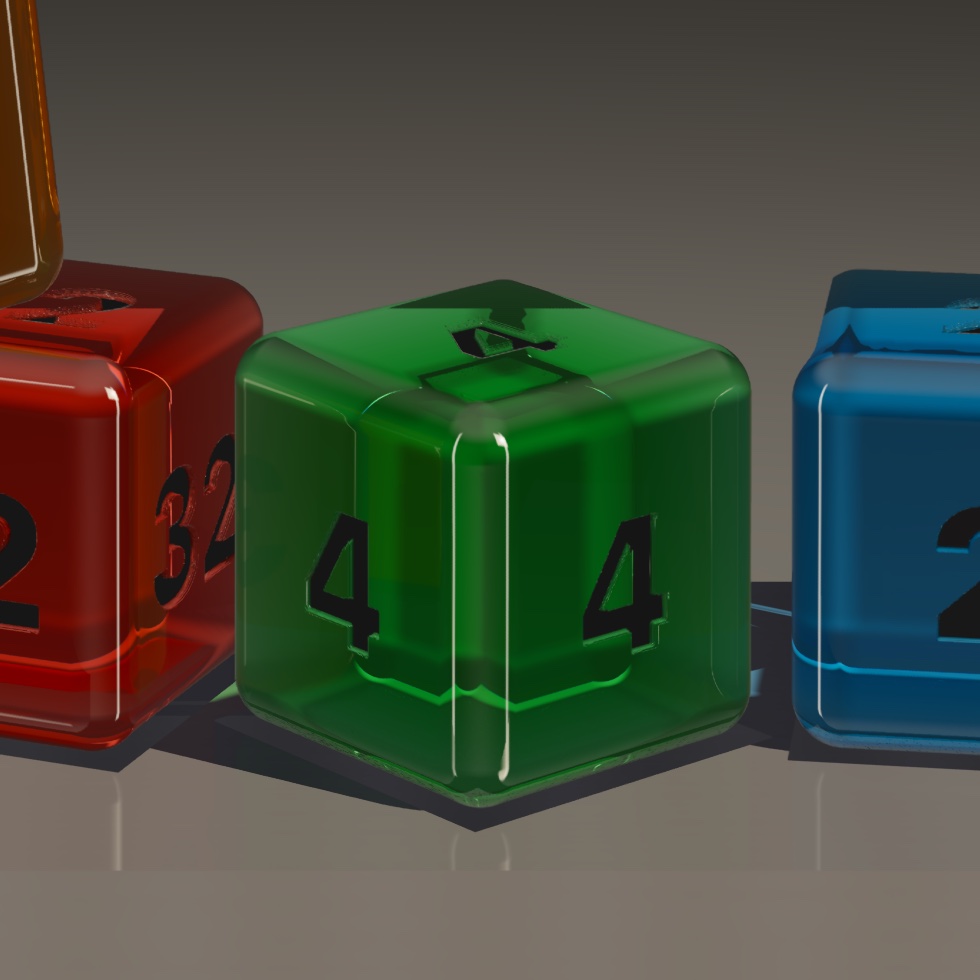 Close-up of a green glass cube numbered 4 between red and blue cubes. Its edges are rounded and the black numerals are inlaid in the faces.