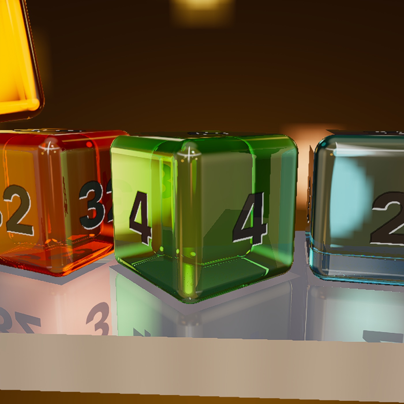 Close-up of three glass cubes on a mirrored shelf — the edges are visibly rounded, black numerals sit inlaid in each face, and light refracts through the bodies onto their reflections.