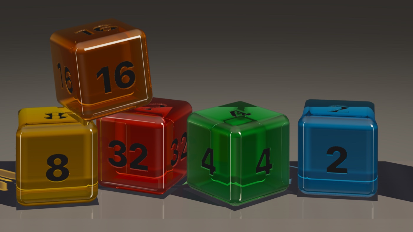 Five glass cubes numbered 2 to 32 on a gray shelf, with light refracting through each one and their reflections on the shelf.