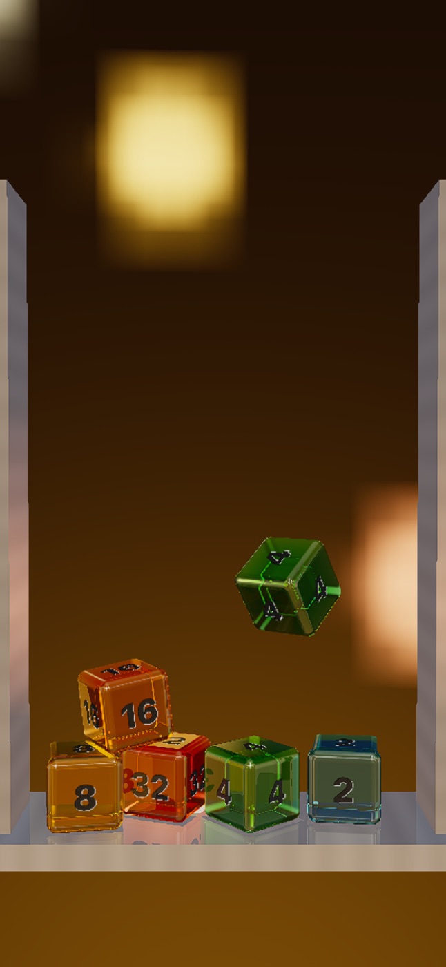 The play area — coloured glass cubes piled in a lit box, each casting a coloured shadow onto the shelf below.