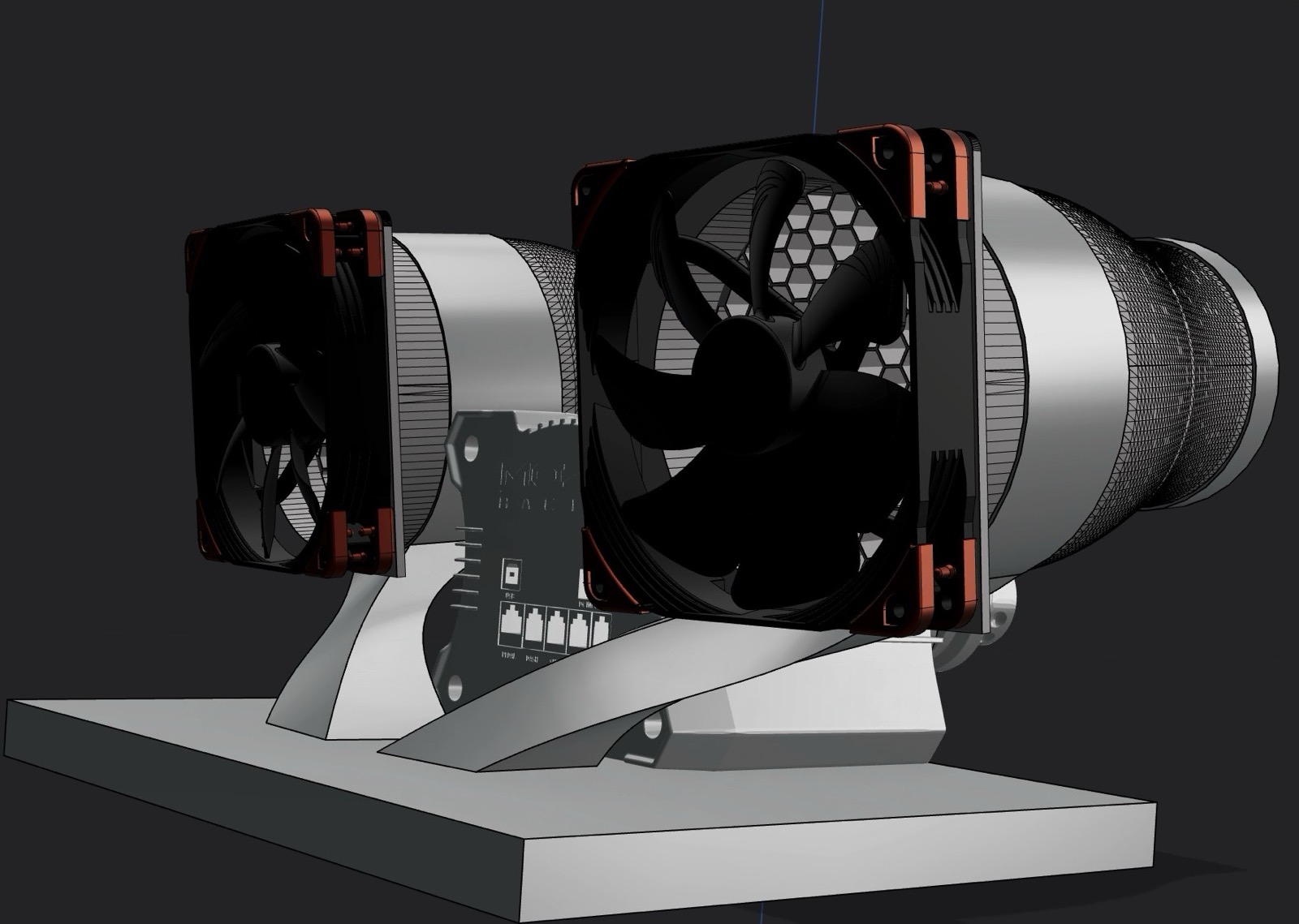 Plasticity render of both wind pods mounted on either side of the Moza R12 wheelbase.