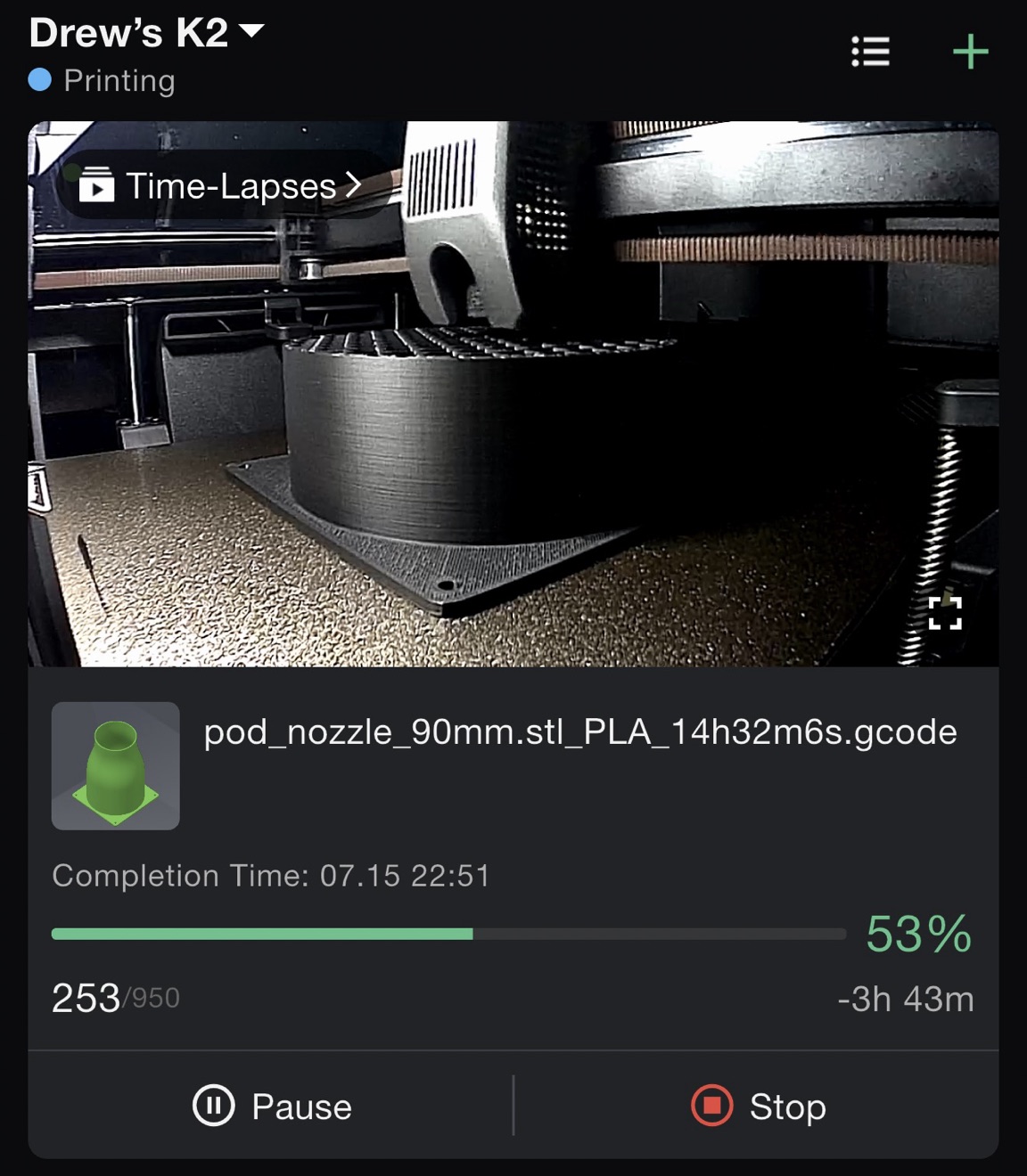 The Creality app showing the pod nozzle mid-print on the K2 Plus at 53 percent, with the honeycomb straightener visible, sliced for 14 hours 32 minutes in PLA.